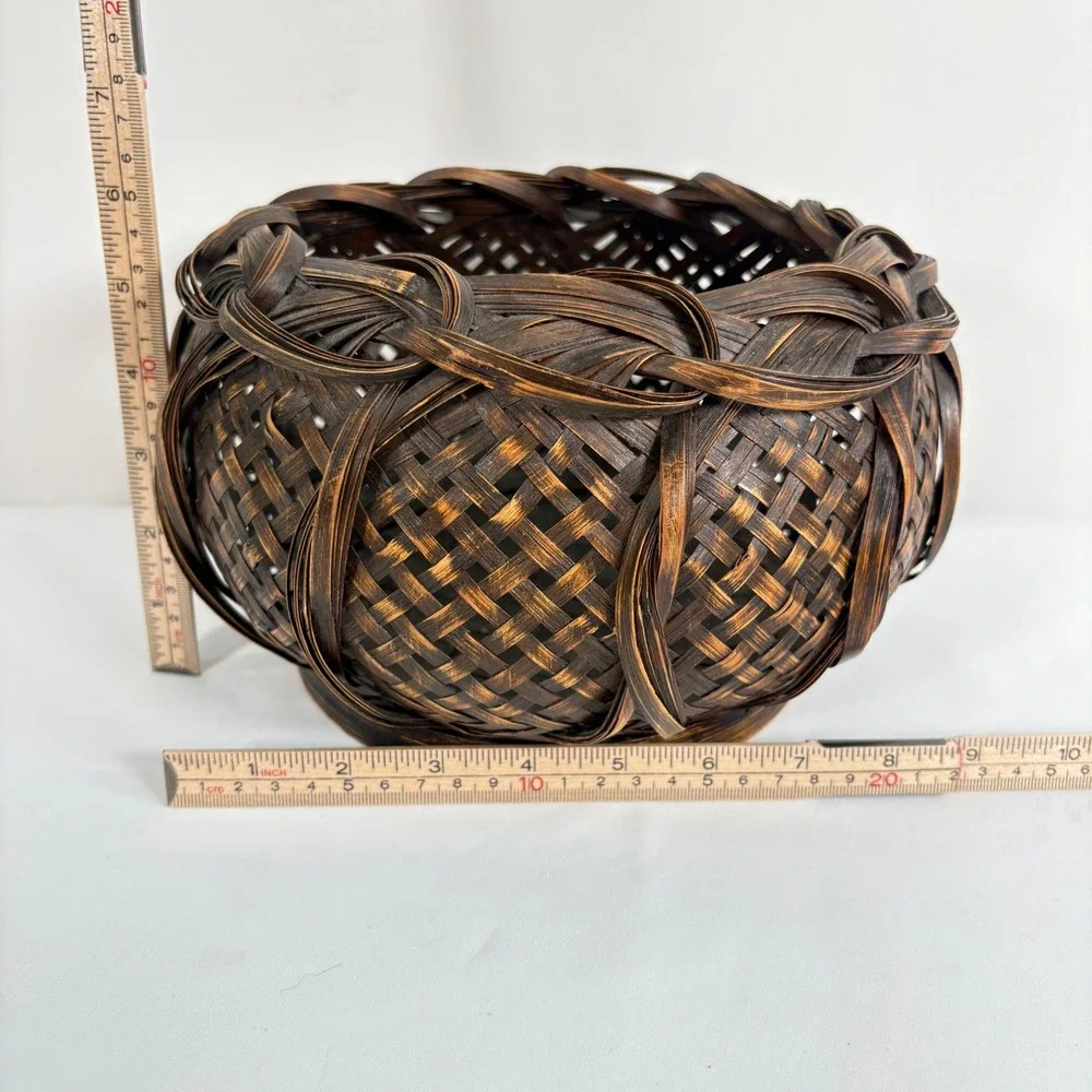 Vintage 80s Woven Bamboo Basket Brown Copper Braided Rim Decorative Bowl